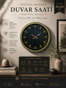 Retro Görünümlü Eskitme Metal Duvar Saati 40 cm · Model 4088E