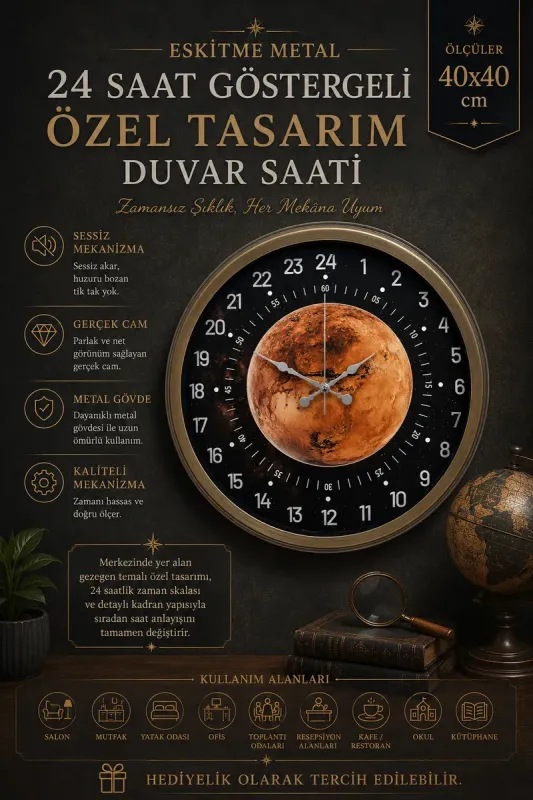 Göstergeli Eskitme Metal Duvar Saati 40 cm · Model 4095E