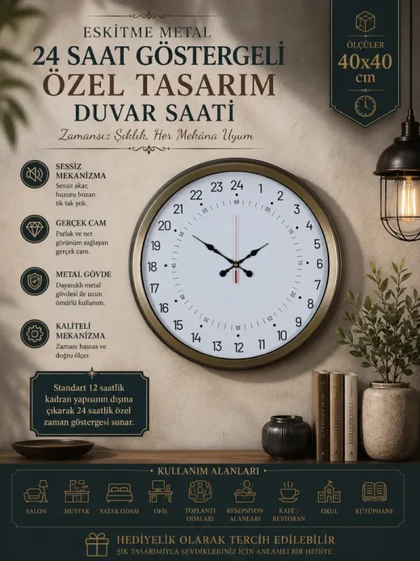 Göstergeli Eskitme Metal Duvar Saati 40 cm · Model 4097E