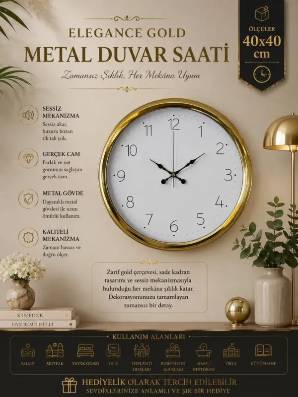 Gold Metal Duvar Saati 40 cm · Model 4004G
