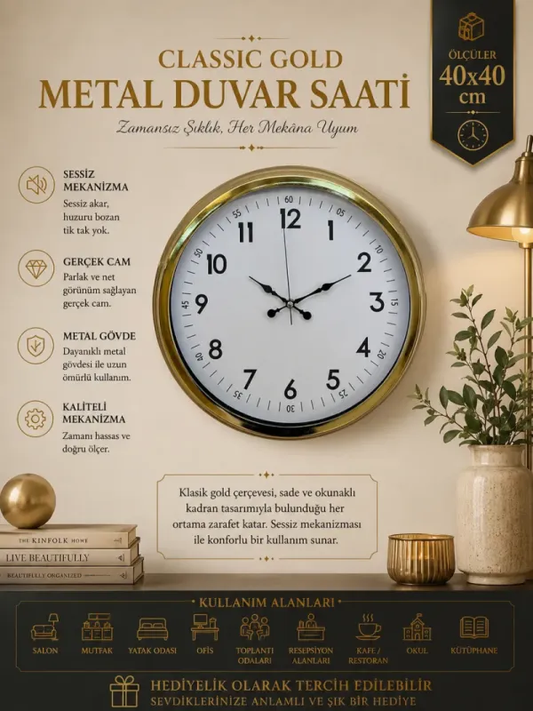 Gold Metal Duvar Saati 40 cm · Model 4005G