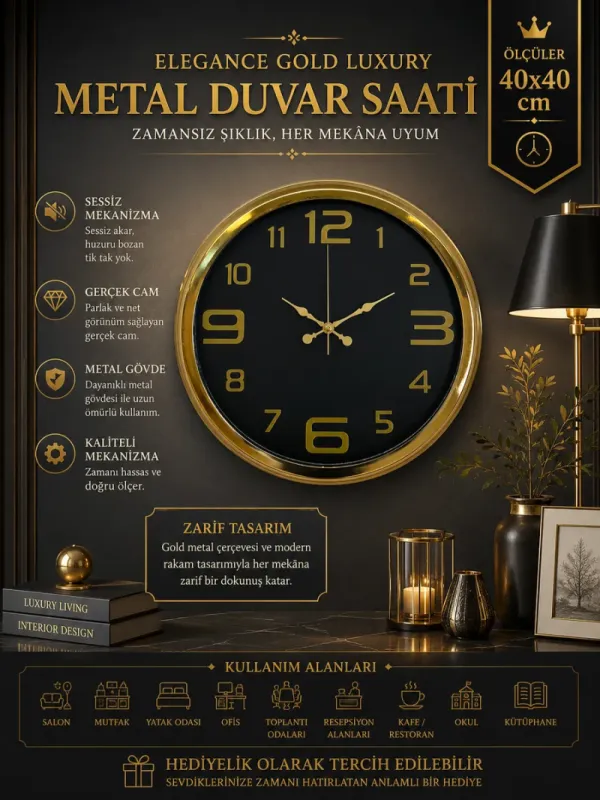 Gold Metal Duvar Saati 40 cm · Model 4010G
