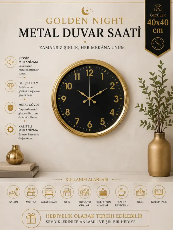Gold Metal Duvar Saati 40 cm · Model 4023G
