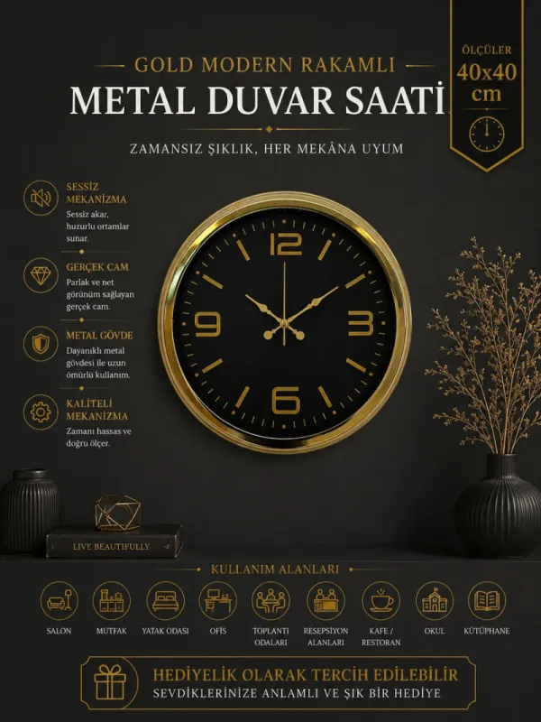 Gold Metal Duvar Saati 40 cm · Model 4044G