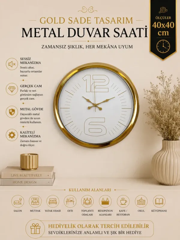 Gold Metal Duvar Saati 40 cm · Model 4048G