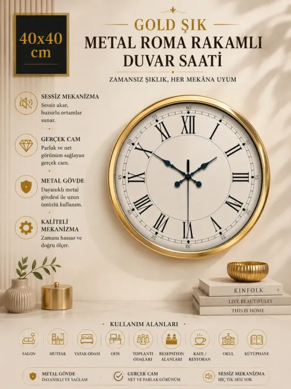 Roma Rakamlı Gold Metal Duvar Saati 40 cm · Model 4055G
