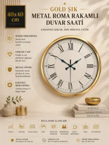 Roma Rakamlı Gold Metal Duvar Saati 40 cm · Model 4055G