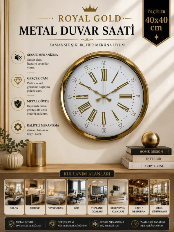 Gold Metal Duvar Saati 40 cm · Model 4074G