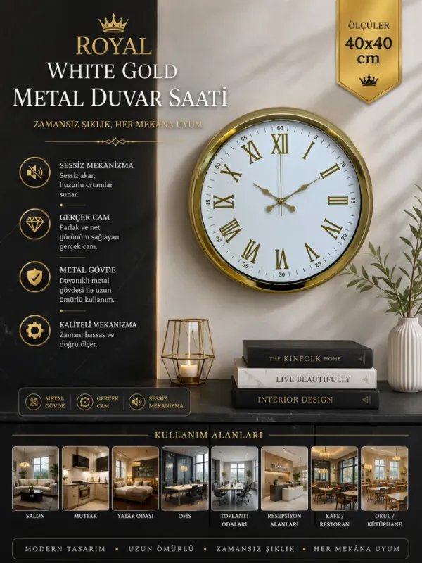 Gold Metal Duvar Saati 40 cm · Model 4075G