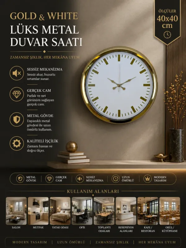 Gold Metal Duvar Saati 40 cm · Model 4086G