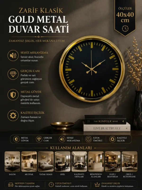 Gold Metal Duvar Saati 40 cm · Model 4088G