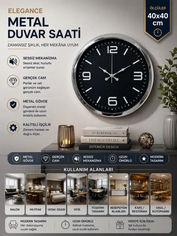 Krom Metal Duvar Saati 40 cm · Model 4045K