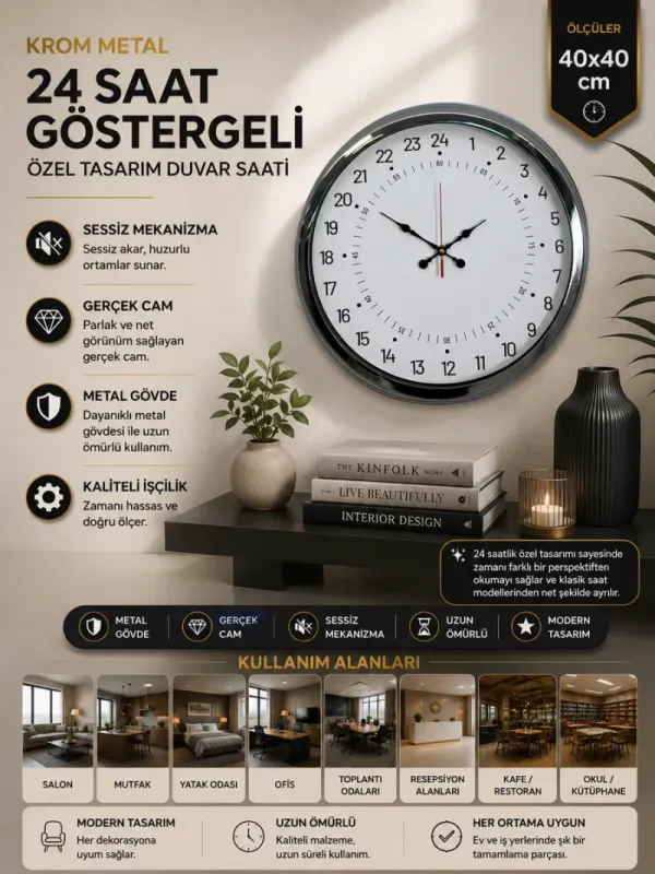 Göstergeli Krom Metal Duvar Saati 40 cm · Model 4097K