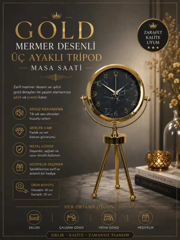 Gold Metal Masa Saati 45 x 26 cm · Model MT-2011G