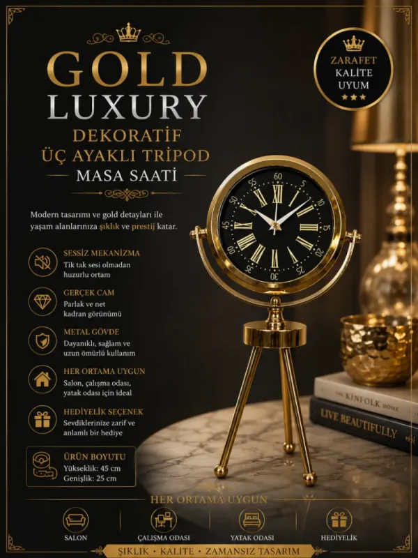 Gold Metal Masa Saati 45 x 26 cm · Model MT-2058G
