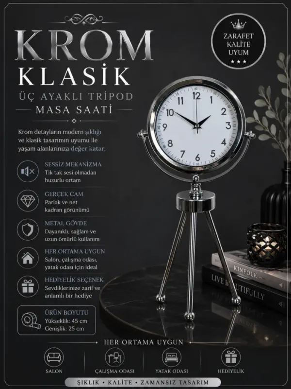 Krom Metal Masa Saati 45 x 26 cm · Model MT-2005K