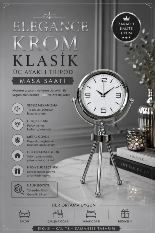 Krom Metal Masa Saati 45 x 26 cm · Model MT-2008K