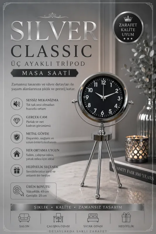 Krom Metal Masa Saati 45 x 26 cm · Model MT-2031K