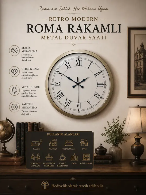 Roma Rakamlı Retro Görünümlü Eskitme Metal Duvar Saati 40 cm · Model 4055E