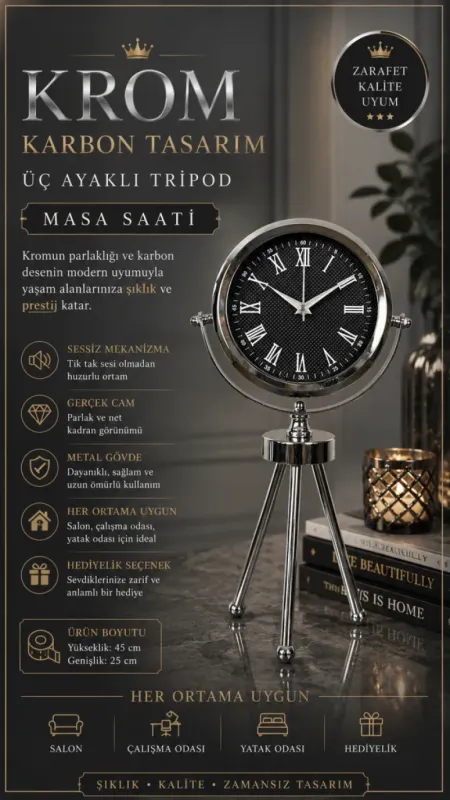 Krom Metal Masa Saati 45 x 26 cm · Model MT-2090K