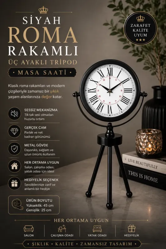 Roma Rakamlı Siyah Metal Masa Saati 45 x 26 cm · Model MT-2052B