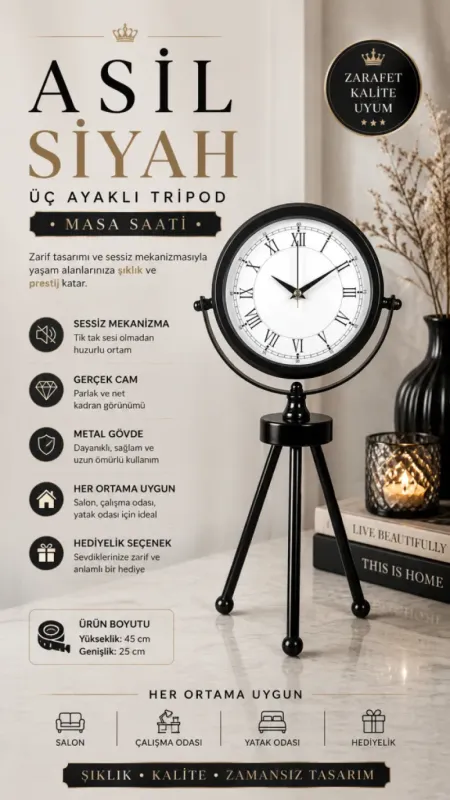 Siyah Metal Masa Saati 45 x 26 cm · Model MT-2055B
