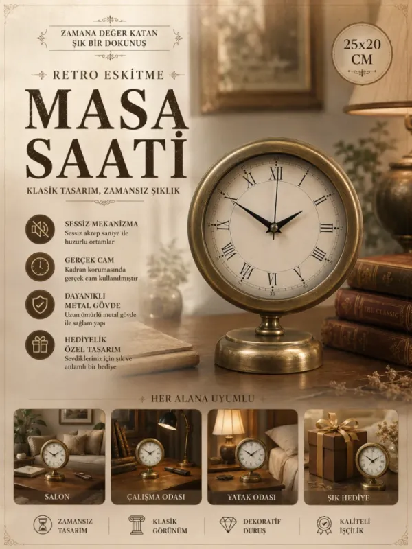 Retro Görünümlü Eskitme Metal Masa Saati 25 x 20 cm · Model MS-2055E