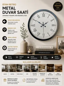 Retro Görünümlü Siyah Metal Duvar Saati 40 cm · Model 4055B