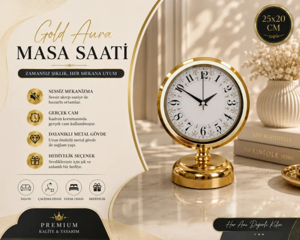 Gold Metal Masa Saati 25 x 20 cm · Model MS-2018G
