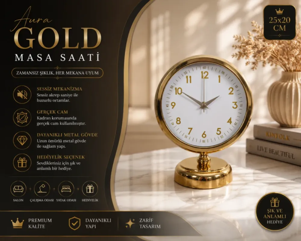 Gold Metal Masa Saati 25 x 20 cm · Model MS-2043G