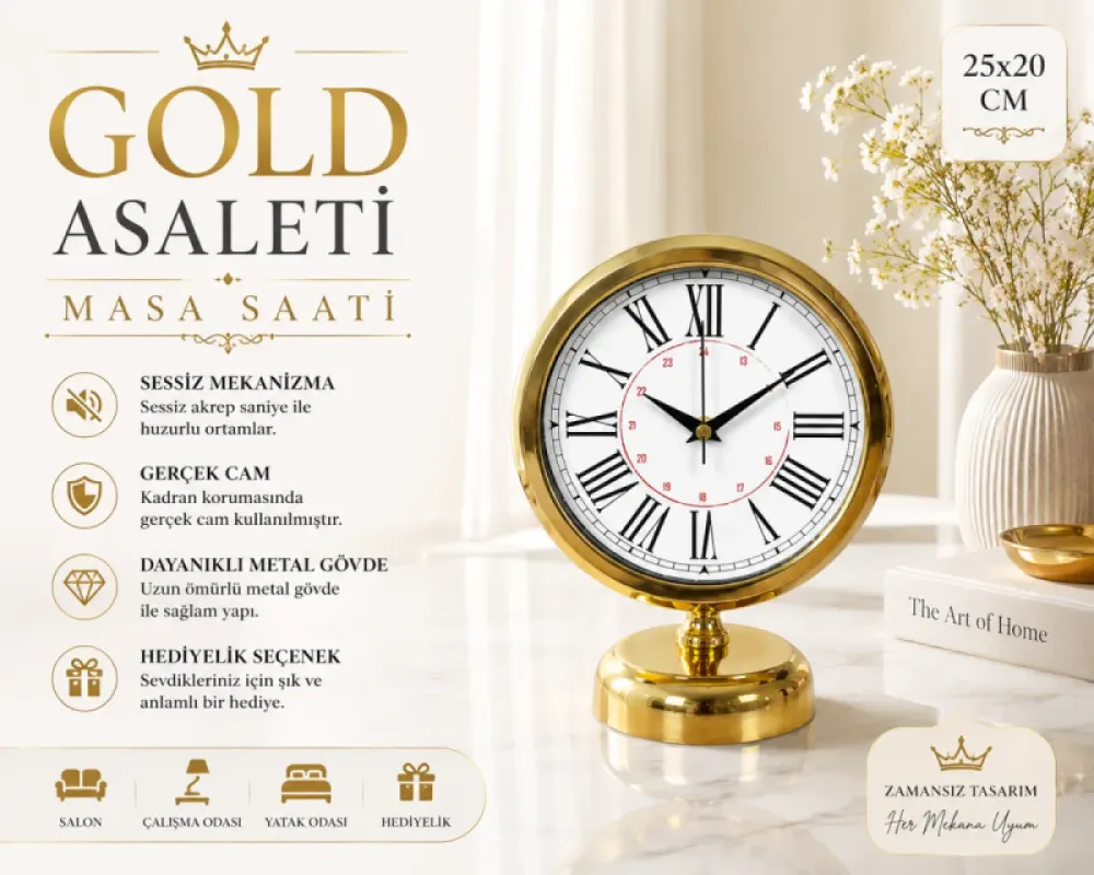 Roma Rakamlı Gold Metal Masa Saati 25 x 20 cm · Model MS-2052G