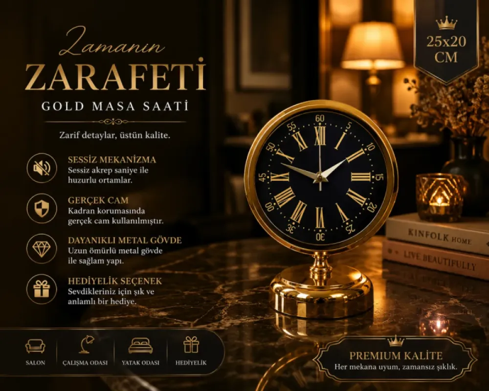 Gold Metal Masa Saati 25 x 20 cm · Model MS-2058G