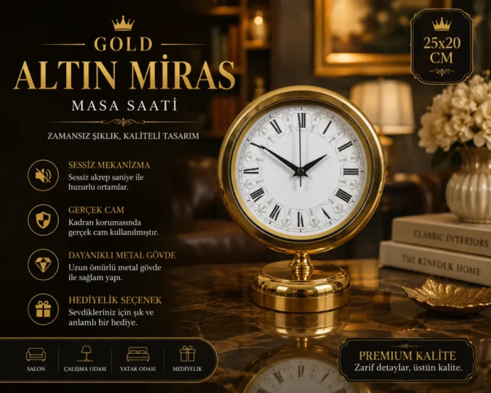 Gold Metal Masa Saati 25 x 20 cm · Model MS-2061G