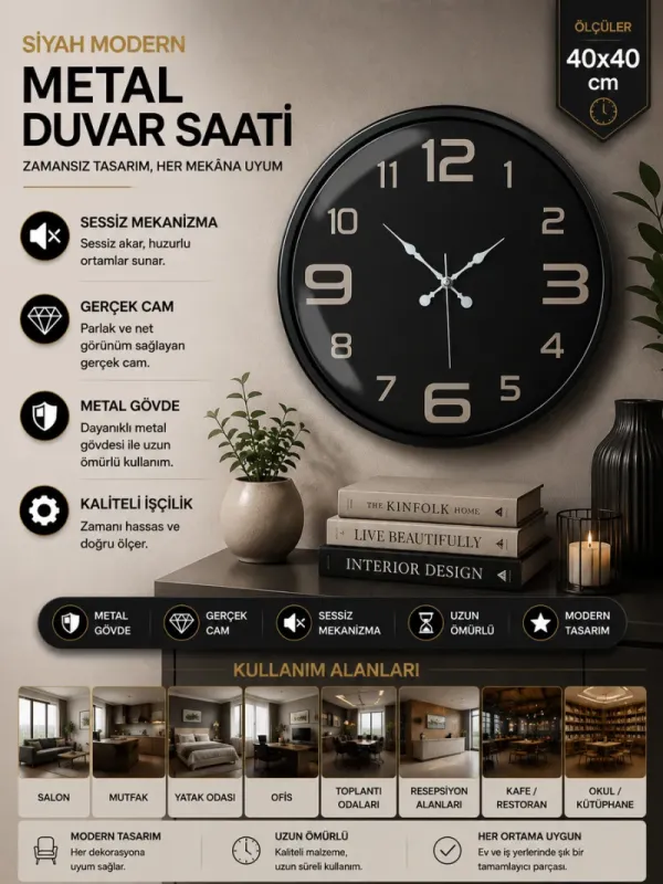 Siyah Metal Duvar Saati 40 cm · Model 4009B
