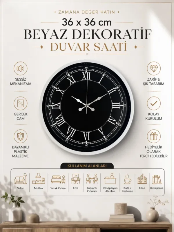 Roma Rakamlı Beyaz Plastik Duvar Saati 36 cm · Model PP-3651W