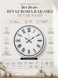 Roma Rakamlı Beyaz Plastik Duvar Saati 36 cm · Model PP-3654W