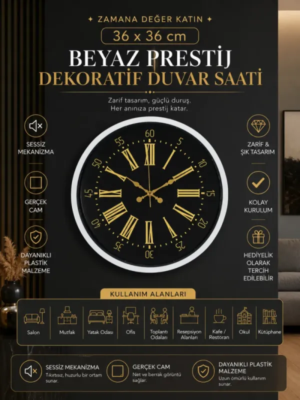 Beyaz Plastik Duvar Saati 36 cm · Model PP-3658W