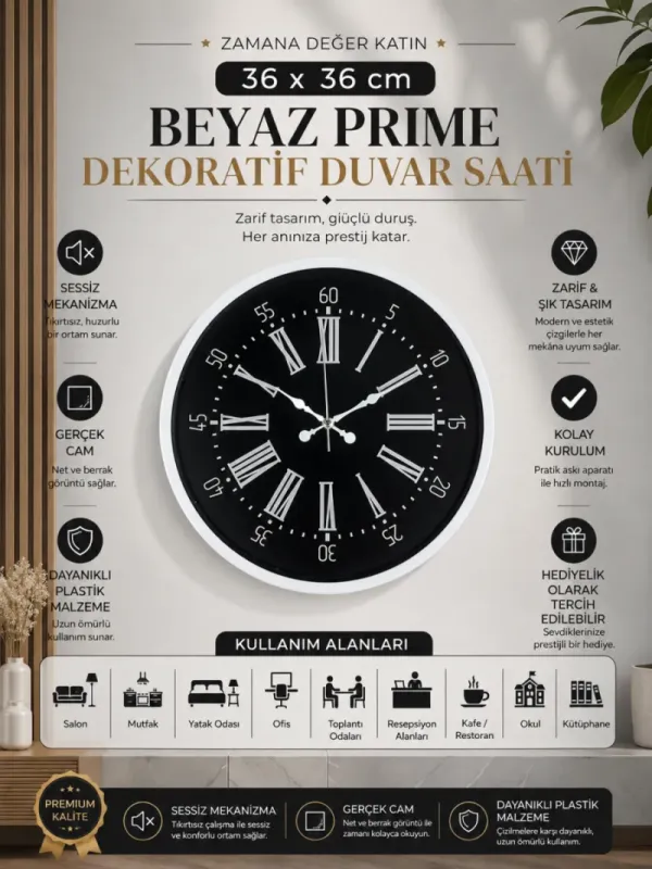 Beyaz Plastik Duvar Saati 36 cm · Model PP-3659W