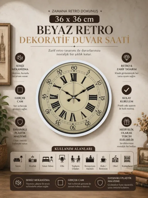 Retro Görünümlü Beyaz Plastik Duvar Saati 36 cm · Model PP-3665W