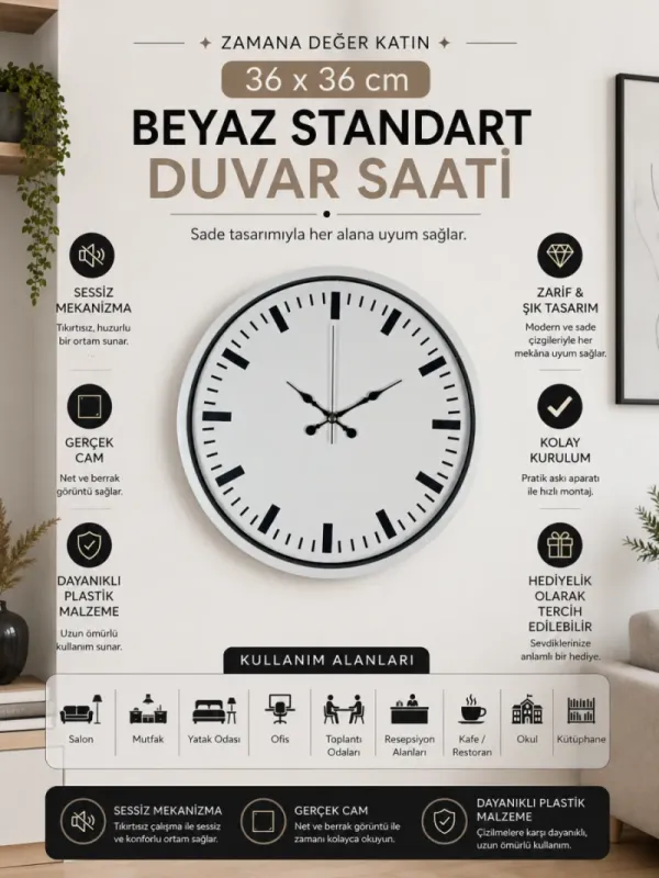 Beyaz Plastik Duvar Saati 36 cm · Model PP-3689W