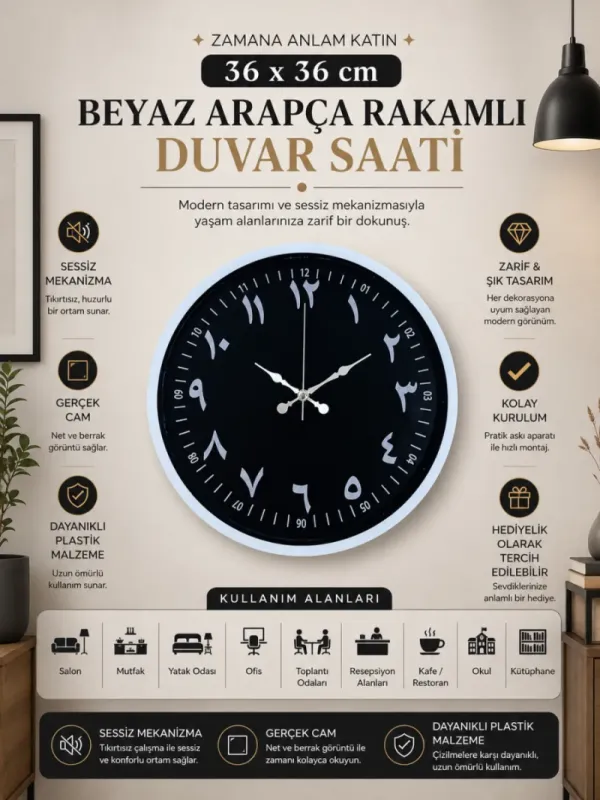 Beyaz Plastik Duvar Saati 36 cm · Model PP-3692W