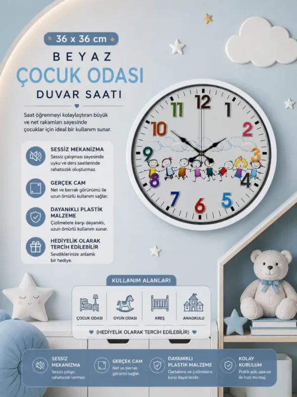 Çocuk Odası Beyaz Plastik Duvar Saati 36 cm · Model PP-3693W