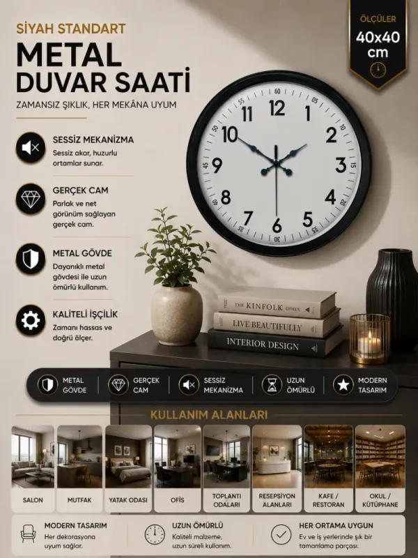 Siyah Metal Duvar Saati 40 cm · Model 4005B