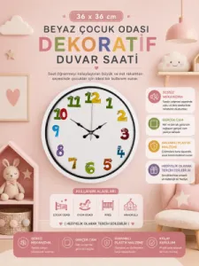 Çocuk Odası Beyaz Plastik Duvar Saati 36 cm · Model PP-3694W