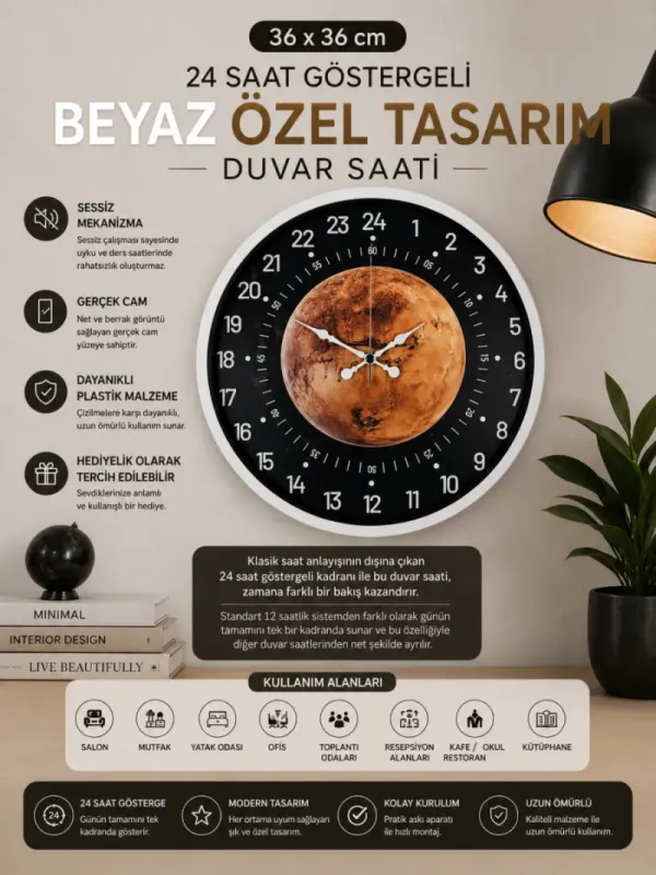 Göstergeli Beyaz Plastik Duvar Saati 36 cm · Model PP-3695W
