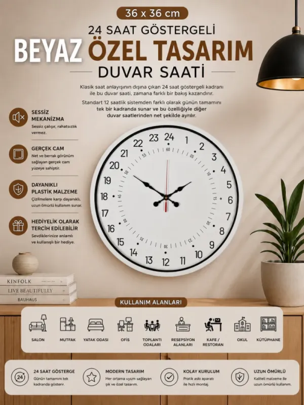 Göstergeli Beyaz Plastik Duvar Saati 36 cm · Model PP-3697W