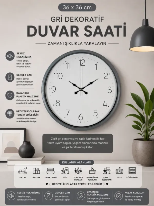 Gri Plastik Duvar Saati 36 cm · Model PP-3604K