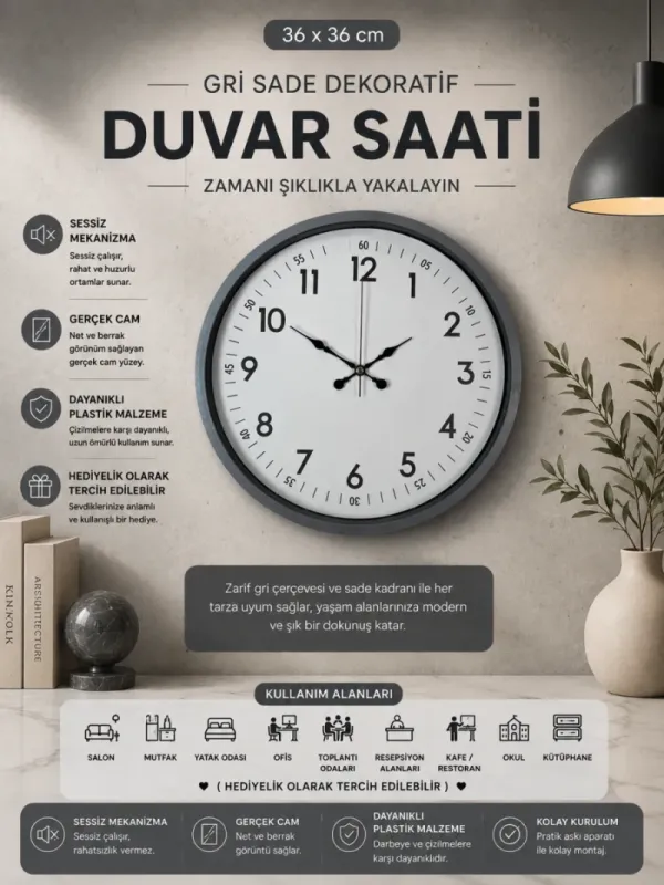 Gri Plastik Duvar Saati 36 cm · Model PP-3605K