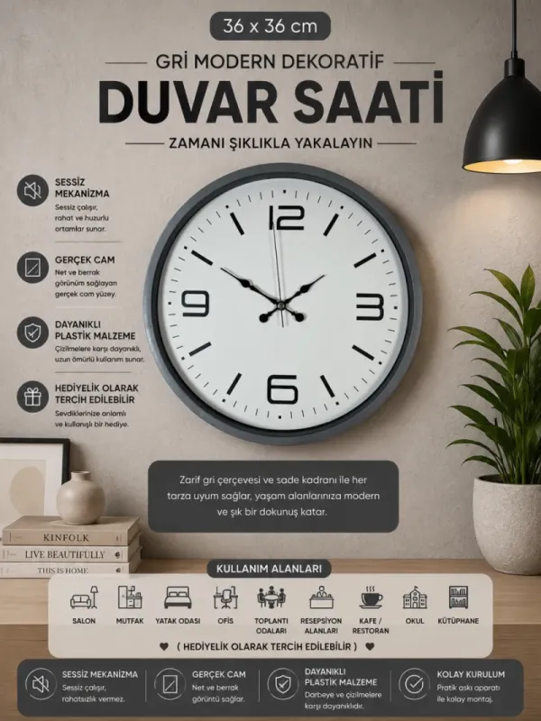 Gri Plastik Duvar Saati 36 cm · Model PP-3608K