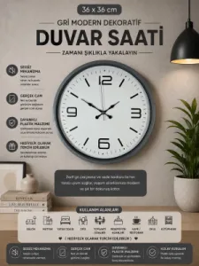 Gri Plastik Duvar Saati 36 cm · Model PP-3608K